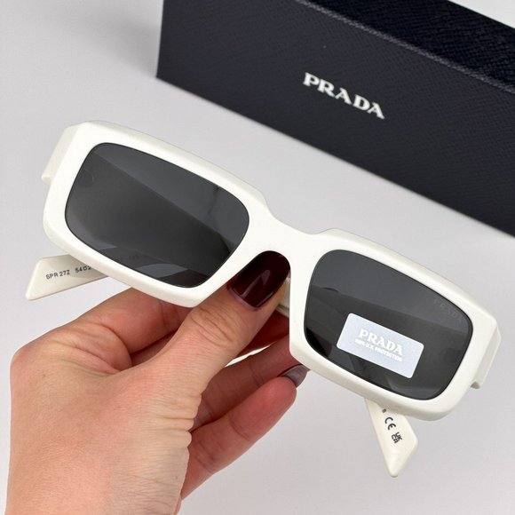 Prada PR27ZS 17K08Z Sunglasses Talc White Dark Grey Unisex Rectangle PR 27ZS - Picture 1 of 13